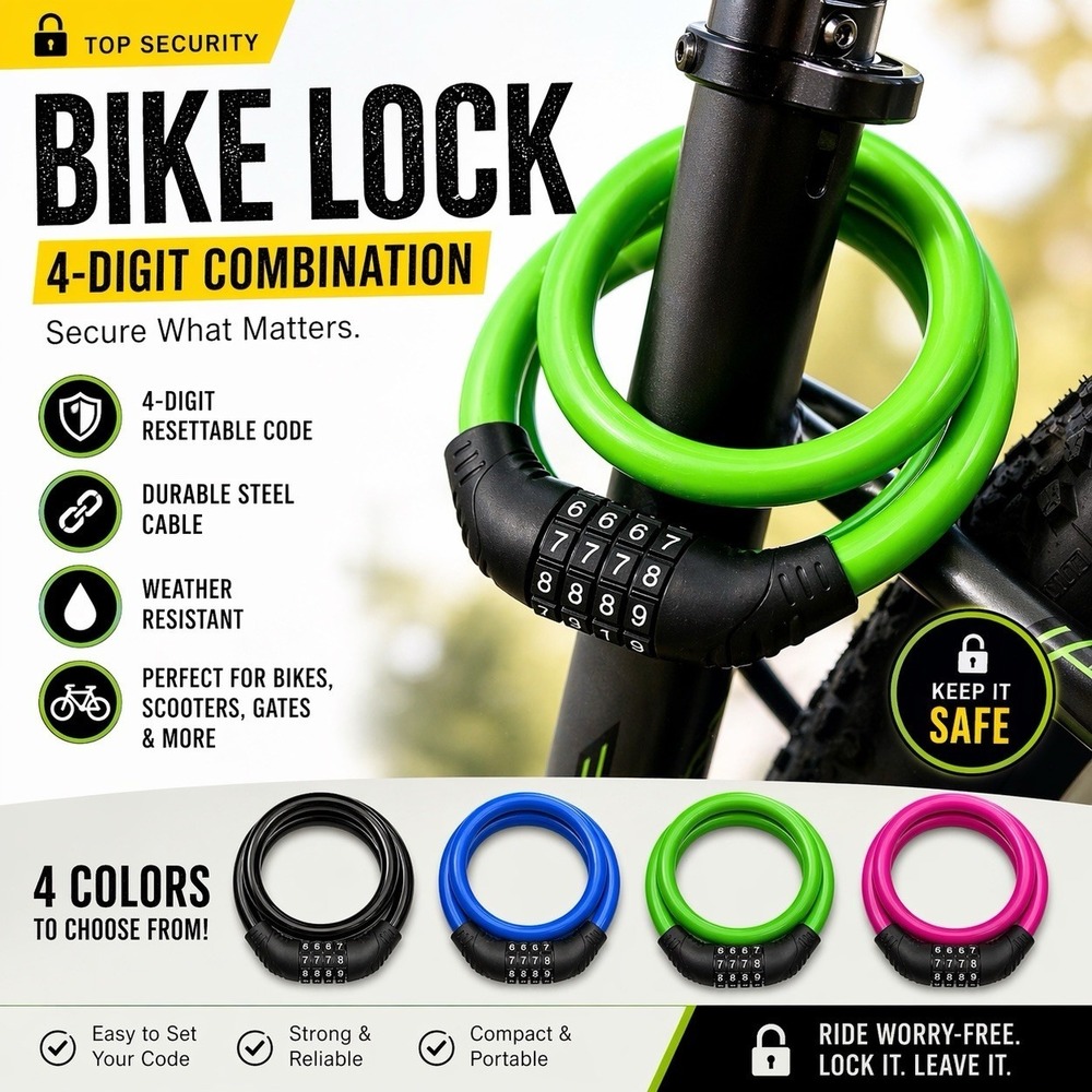 4 Digit Combination Bike Lock Steel Cable Anti Theft Portable Security 4 Color